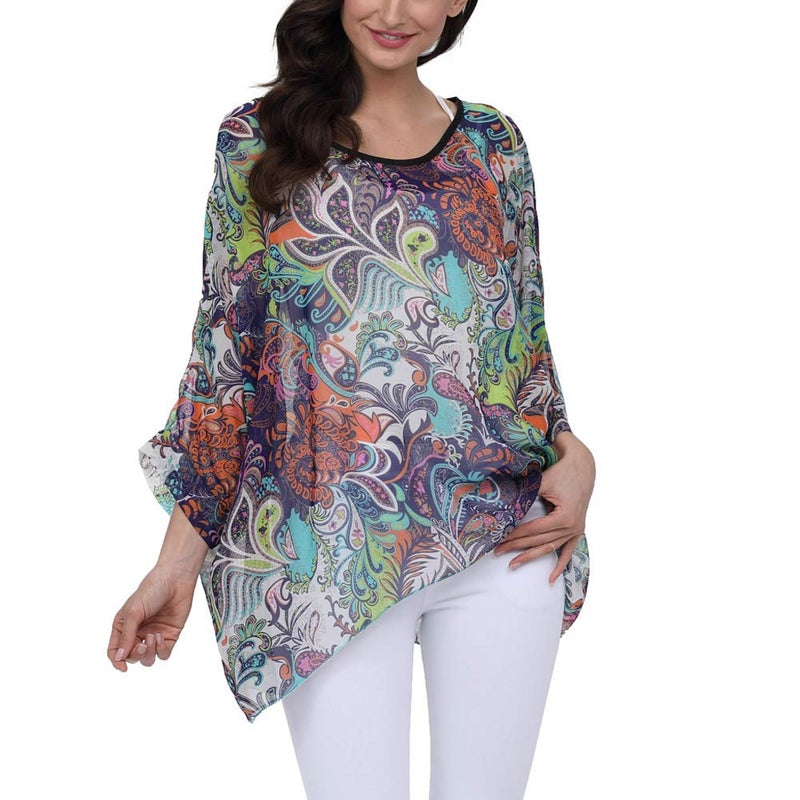 Ckikiou Plus Size Batwing Flowy Semi Sheer Chiffon Blouse Tunic for Women Summer Floral Print Boho Beach Cover ups - Image 2
